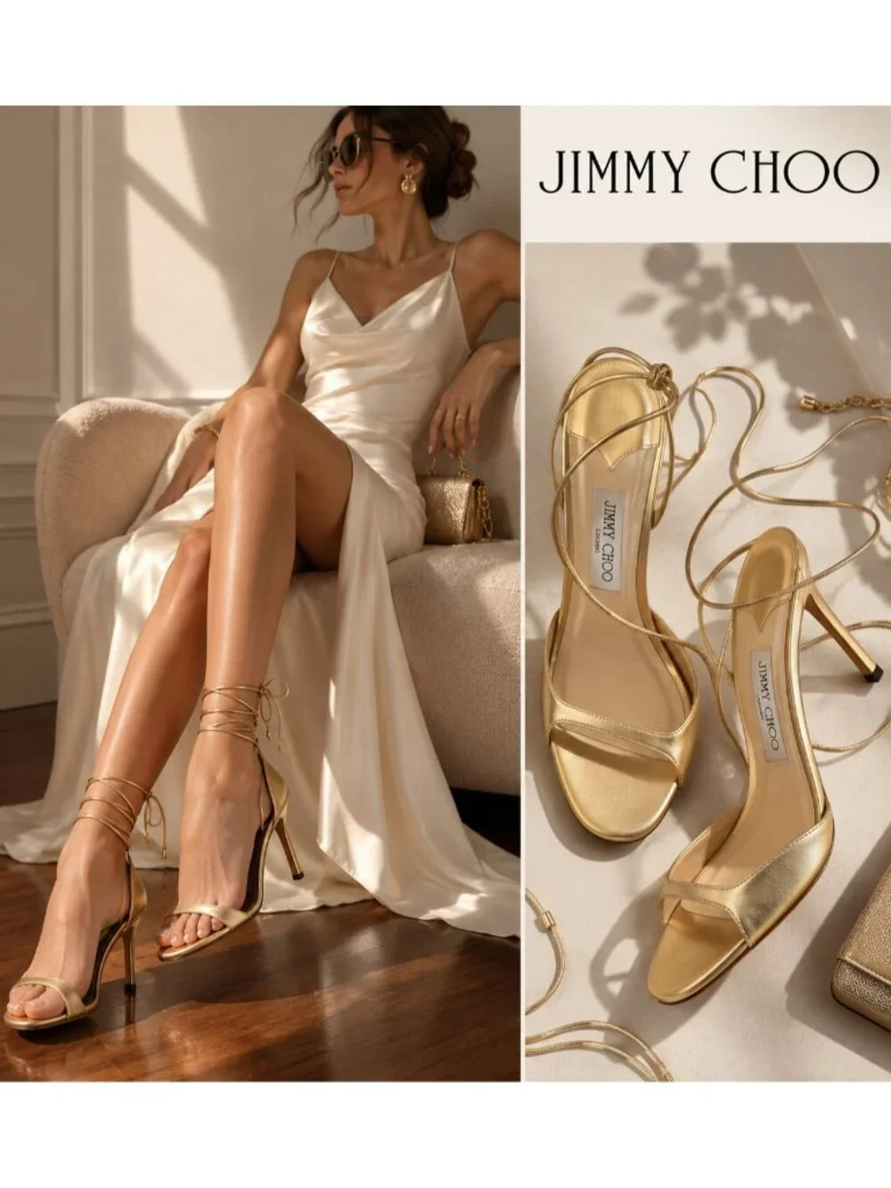 Jimmy Choo Gold Metallic Leather Lace Up Ankle Wrap Heels EU 39 US 8.5 Italy